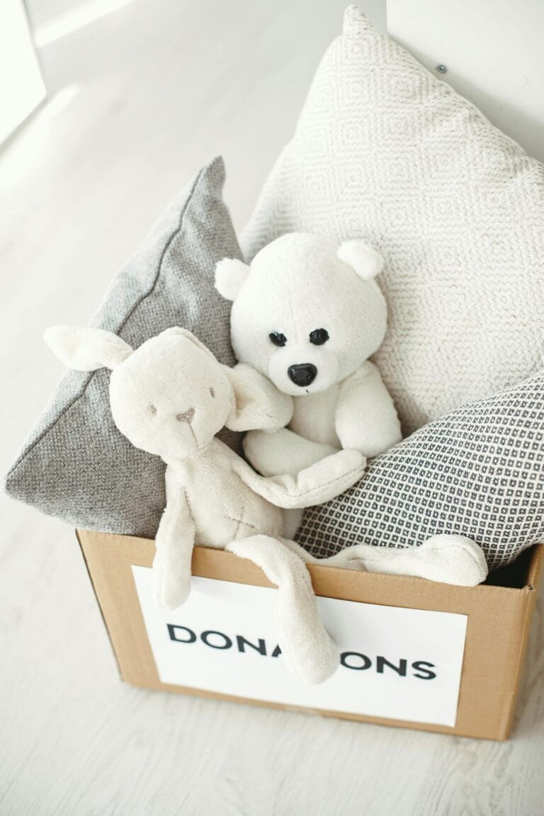 A cardboard box labeled 'Donations' filled with pillows and plush toys, ready for giving.